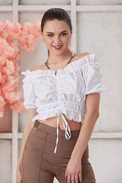 Benim Denim Women's White Gathered Front Blouse