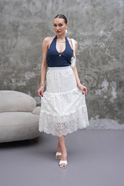 Cebby Beyaz Dantelli Midi Boy Etek