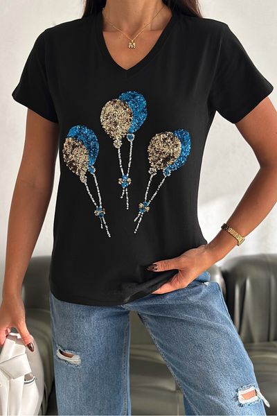 FEMELLE Tricou negru pentru femei, cu decolteu în V, cu paiete, brodat, 100% bumbac