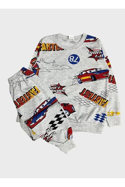 tusem butik homewear Boys' Cotton Gray Car Lightning Mcquen Patterned Long Sleeve Seasonal Pajama Set