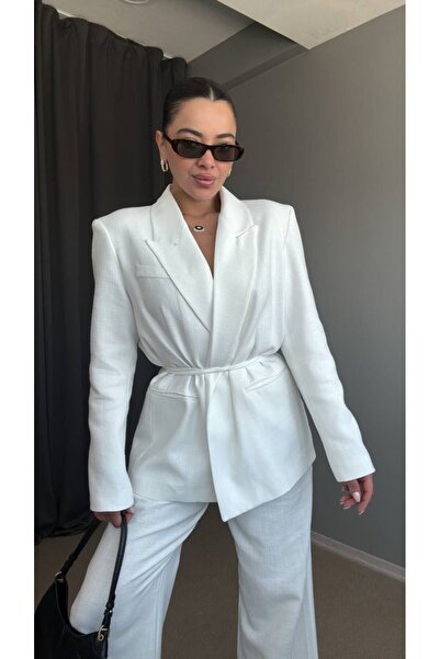 AlisaSu Waist Tied Linen Trousers Jacket Set