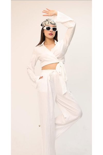 LEYLA SAĞLAM Women's Front Tie Bluz Pants Double Suit