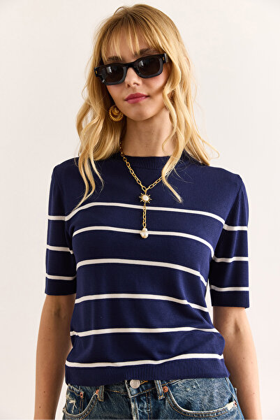 Olalook Women's Navy Blue White Striped Viscose Draped Knitwear Blouse Blz-19002985