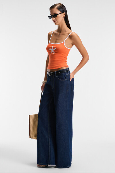 GRIMELANGE Vensora Women Soft Textured Printed Stretchy Fabric Contrast Bias Strap Neck Orange Blouse