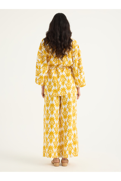 Store Wf 100% Linen Yellow Printed Kimono Set