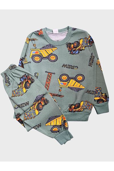 tusem butik homewear Boys' Cotton Green Business Machine Scoop Pattern Long Sleeve Seasonal Pajamas Set