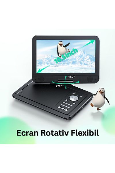 Velixo Player DVD portabil 10,5", HD, rotativ la 270°, USB, SD, AV, mufă, telecomandă, încărcător auto, husă