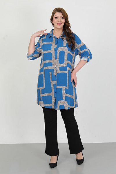 By Alba Collection Women's Indigo Patterned Cotton Viscose Large Size Tunic
