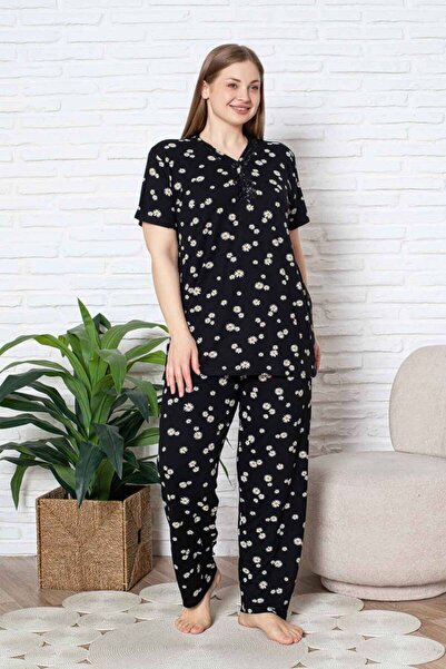 ALİMER Plus Size Pajama Set - Black Daisy Pattern Short Sleeve Lycra Viscose 2855Kyb