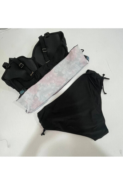 hazelin Women's Black Floral Patterned Dress Model Slipli Tankini Hzl24S-Lc4009