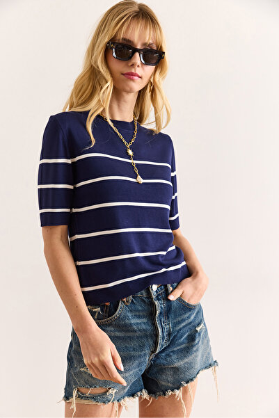 Olalook Women's Navy Blue White Striped Viscose Draped Knitwear Blouse Blz-19002985