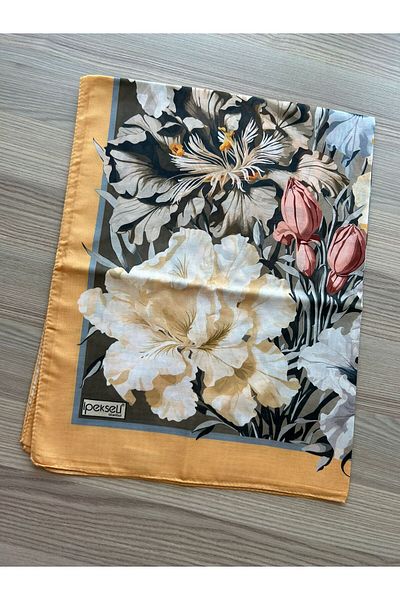 İpekseli Silky Flower Pattern Cotton Shawl Mustard