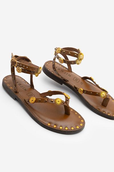 Marjin Women's Genuine Leather Ankle Strap Flip Flop Studded Daily Sandals Zoney Tan