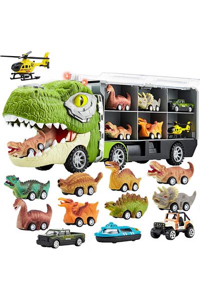 Pitikot Set camion trailer de jucarie pentru transport Pitikot®, T-Rex, 13 in 1, cu sunete,