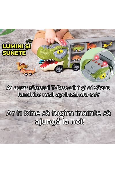 Pitikot Set camion trailer de jucarie pentru transport Pitikot®, T-Rex, 13 in 1, cu sunete,
