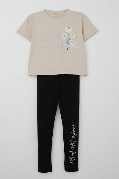 Breeze Girl's Tights Set with Flowers & Text Printed Bow, Age 5-10, Beige