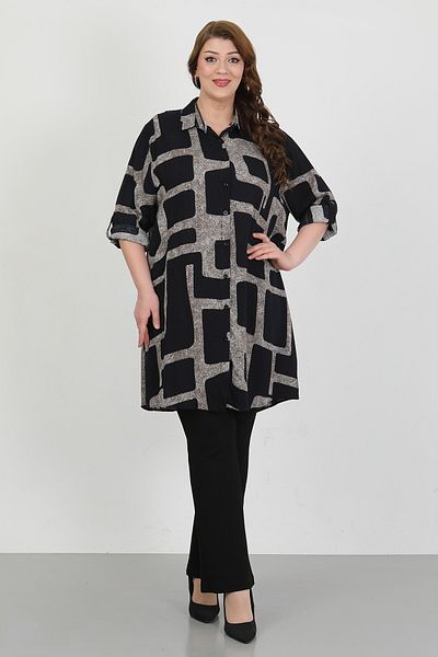 By Alba Collection Дамска туника от памук и вискоза с тъмносиньо и шарки, големи размери