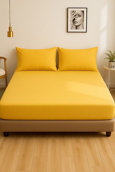 Mode More Yellow Color 100% Cotton Combed Fabric Fitted Elastic Bed Sheet