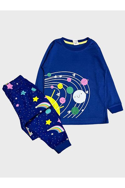 tusem butik homewear Girl's 100% Cotton Navy Blue Planet Star Patterned Long Sleeve Pajamas Set