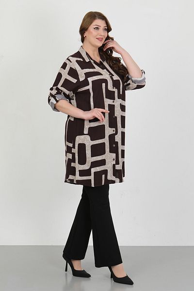 By Alba Collection Women's Tan Patterned Cotton Viscose Large Size Tunic