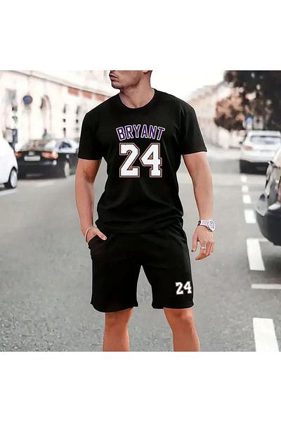 LAND MODA Men's Two-Piece Trend Casual Outfit, Round Neck Short Sleeve T-Shirt and Lace-Up Shorts,
