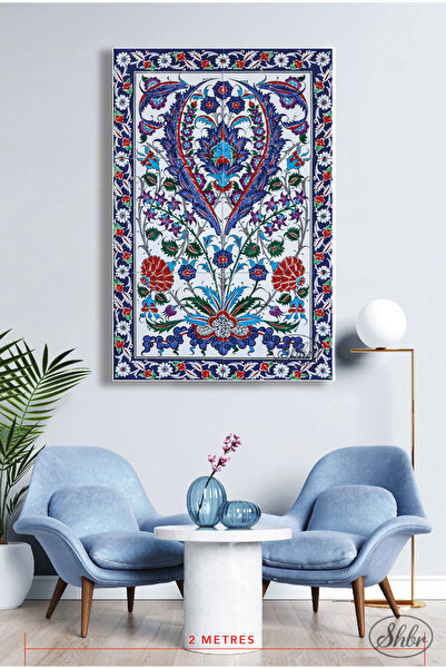 Şehber Tekli Dikey Kanvas Tablo, Çini Desenli Dekoratif Kanvas Duvar Tablosu