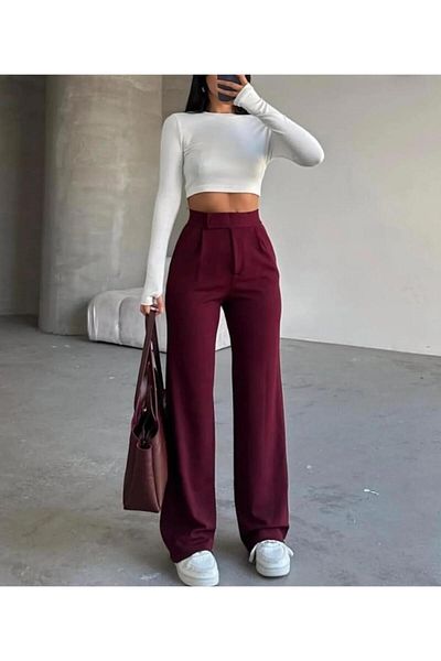 polle Women's Burgundy High Waist Velcro Palazzo Trousers