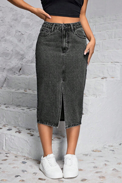 CEDY DENIM High Quality Midi Length Slit Stretchy Lycra Denim Skirt C624-Grey