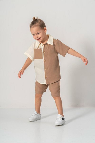 MeaShop Boy's Summer/Easter Muslin Fabric Shirt Shorts Set