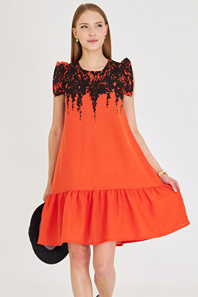 armonika Ženska narandžasta haljina sa naboranim rukavima i suknjom ARM-25Y00...