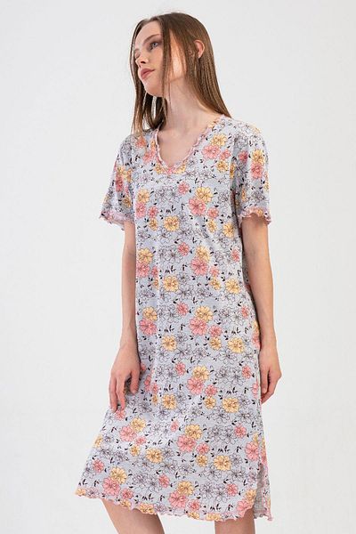 VİENETTA Women's Large Size Short Sleeve Gray Nightgown 100% Cotton C8T8N1O804