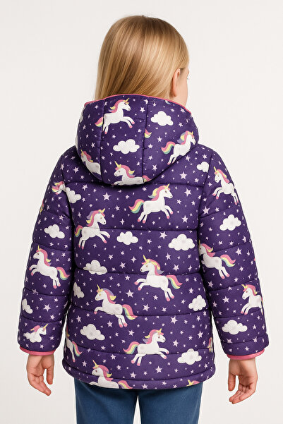 Montland Kız Çocuk Içi Polarlı Kapüşonlu Unıcorn Desenli Kışlık Şişme Mont & Kaban & Parka