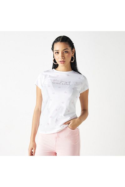FAV Slogan Print Crew Neck T-shirt with Short Sleeves