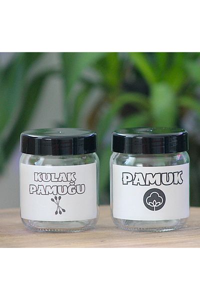 junibeliw Set de 2 sticle de sticlă goale Organizator transparent pentru baie Borcan de bumbac pentru urechi cu etichetă 210 ml (g:6 y:8)