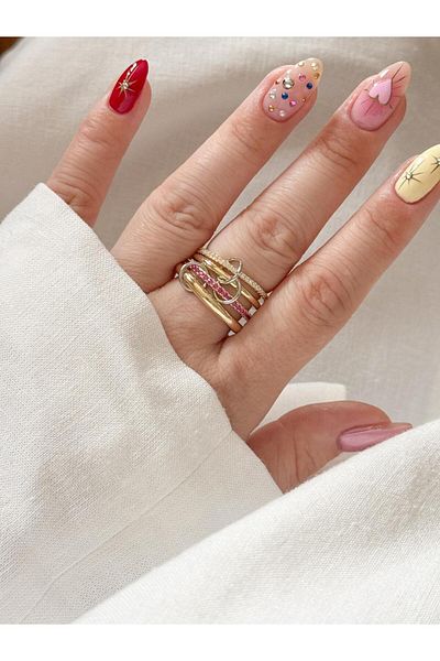 CHARMLUCKY Steel Pink Stone 4-Piece Ring