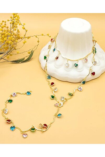 Nevoka Kalp Detaylı Renkli Taşlı Y Kolye