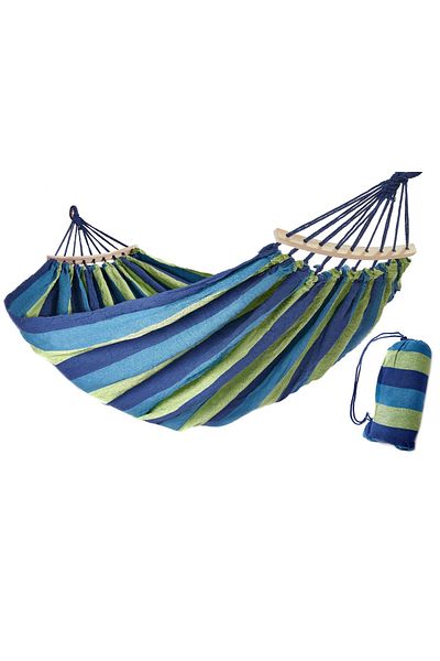 OEM Hamac din bumbac cu bara din lemn, max. 100 kg, 195 x 80 cm, verde/albastru