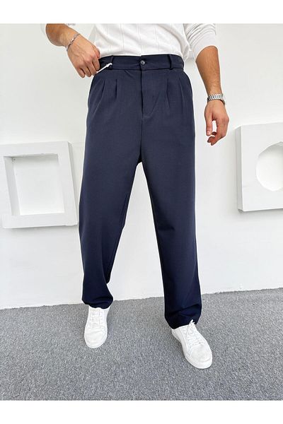 Butik Pleated Baggy Fabric Trousers Navy Blue