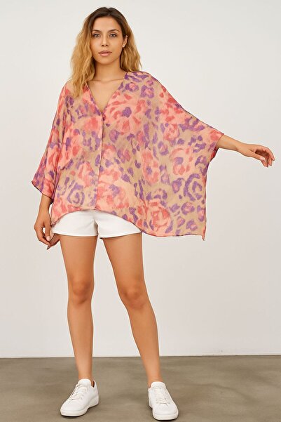 ayriss V Yaka Düğmeli Mango Empirme Kimono Trend Gömlek