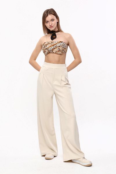 Grenj Fashion Stone Pleated Wide Leg High Waist Trousers Leggings