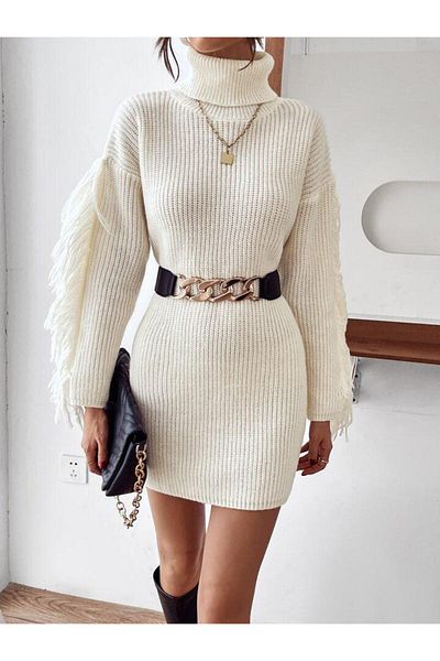 butaelle butik Women's Knitwear Mink Dress Tunic Long Sleeve Knitted Turtleneck Handkerchief Collar