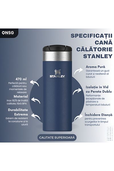 Stânley Cana izolată Stanley Aerolight Transit, 470 ml, oțel inoxidabil 18/8, capac etanș, albastru brad