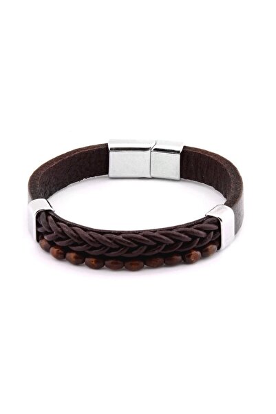 Tesbihane Hasır Tasarım Kuka İşlemeli Kahverengi Çelik-Deri Kombinli Erkek Bileklik 104000350