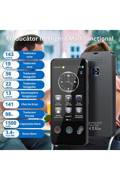 Velixo Smart Translator, 3.4" Screen, 5MP, WiFi, BT, AI ChatGPT, 143 Lang Voice, 19 Offline, Photo/Text