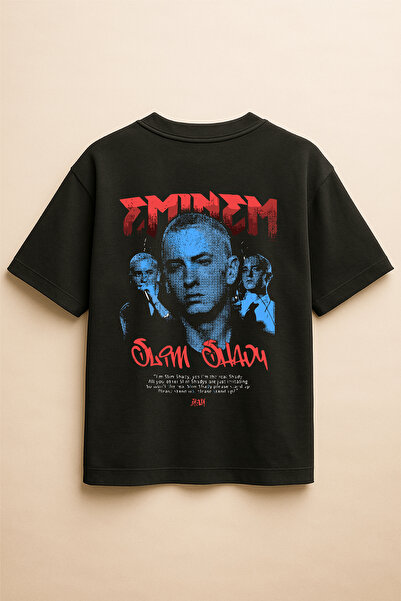 Altair Tr تي شيرت أسود اللون كبير الحجم مطبوع عليه إيمينيم للجنسين