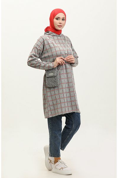 sefamerve 8683-01 Model Gray Tile Plaid Hooded Tunic