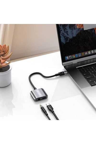 Green Lion 2-in-1 Splitter Adapter Type-C to AUX & Type-C, 12 cm, 5V/2.4A, 12W Charging Output, Alum