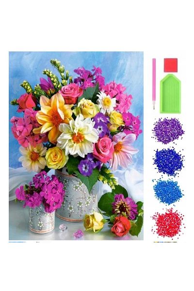 OEM Set de broderie cu diamante 5D, model Flori, 30x40 cm, accesorii incluse, multicolor