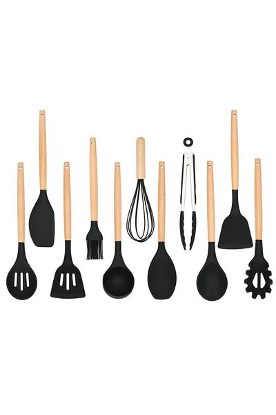Springos Set ustensile de bucatarie Springos, 12 elemente, silicon / bambus, negru