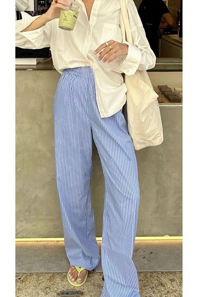 King Brothers Pantaloni de pijama pentru femei cu dungi albastre - talie joasă și buzunare